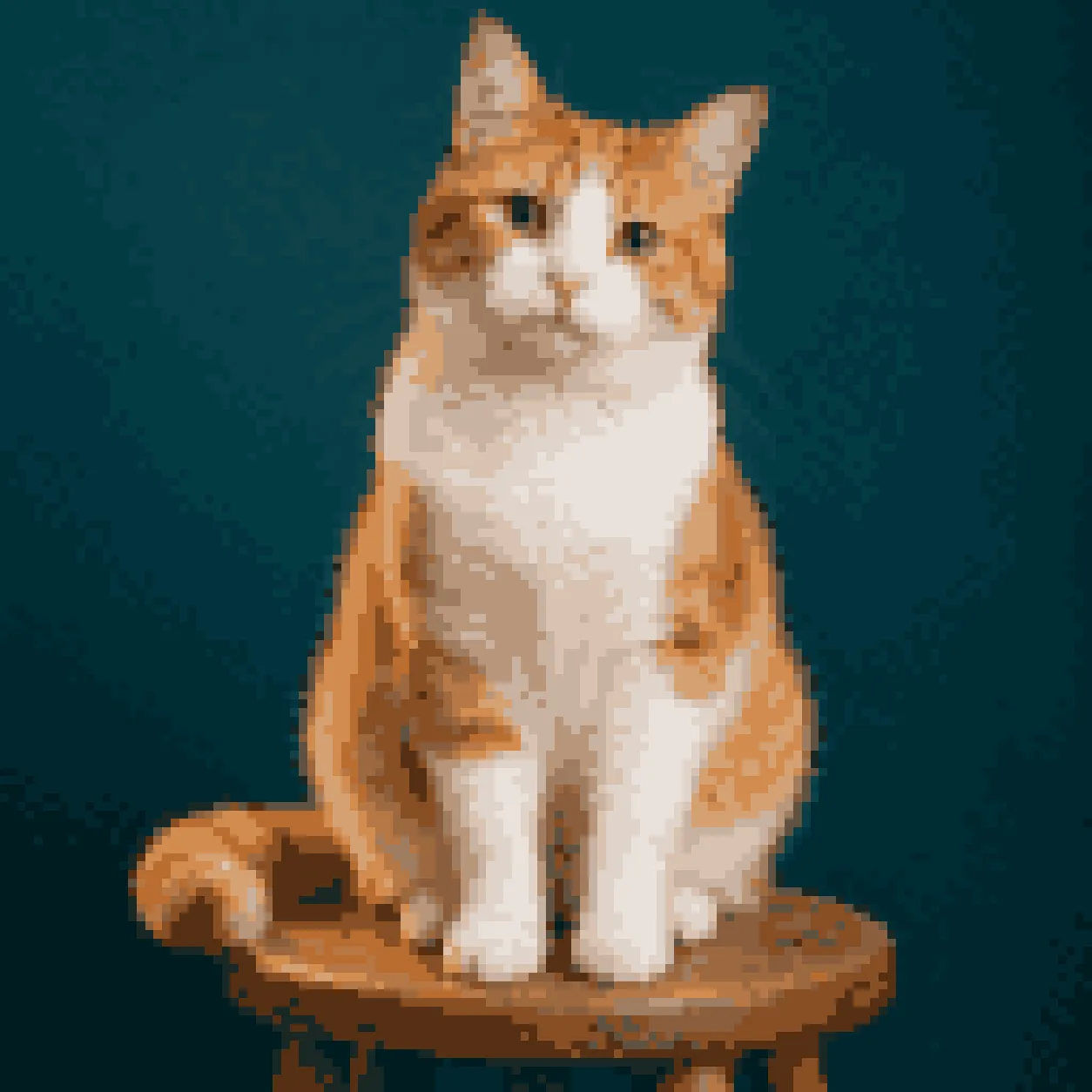The same orange-and-white cat converted from a photo into pixel art